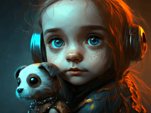 A Cyborg girl who is scared and holding her cyborg puppy