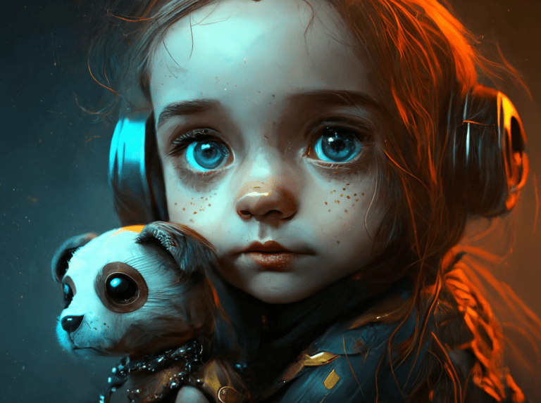 A Cyborg girl who is scared and holding her cyborg puppy