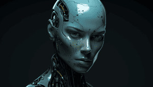 Female AI robot made in dark grey and turquoise.